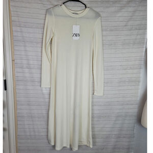ZARA LONG SLEEVE SEMI SHEER CREAM MIDI DRESS, SZ SMALL